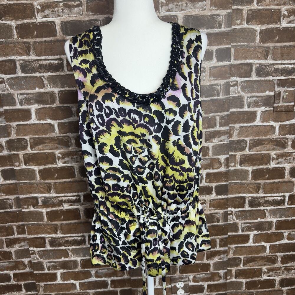 Fashion Bug Black Yellow Sunflower Floral Tank Top Blouse L With Necklace
